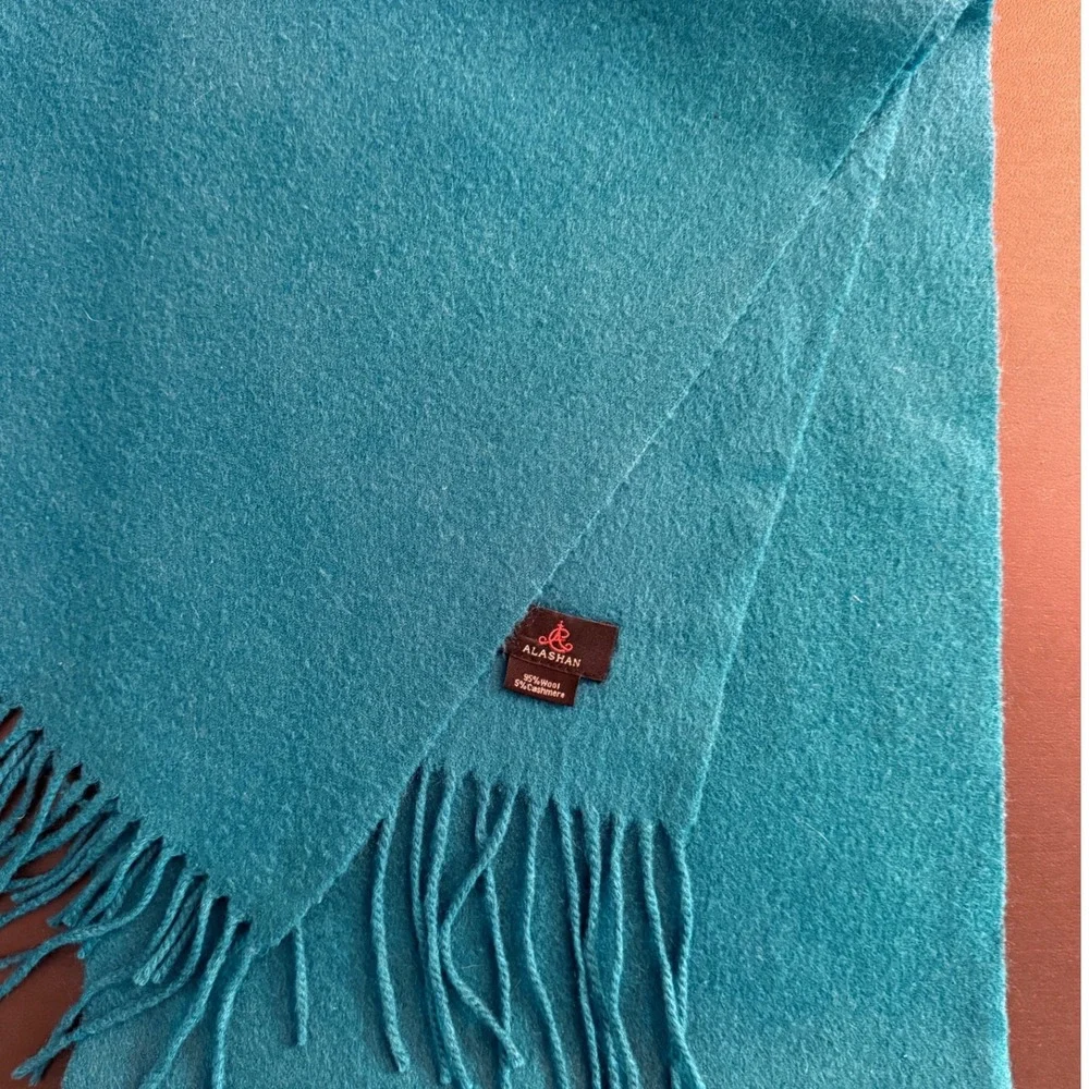Vintage Alashan Blue Wool Cashmere Fringe Scarf Solid Winter Accessory
